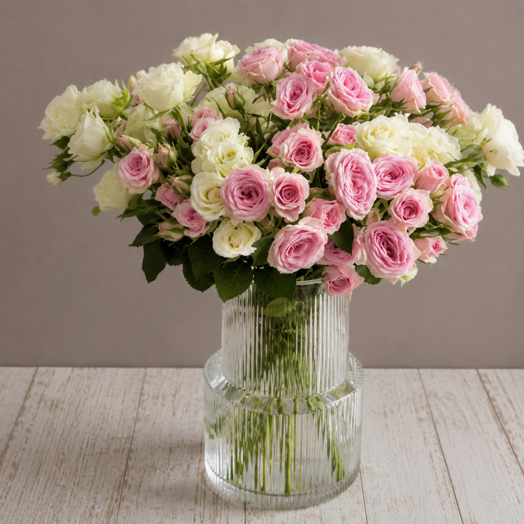 Luxury blush pink and ivory spray roses arranged in a textured glass vase by BLÜM Miami