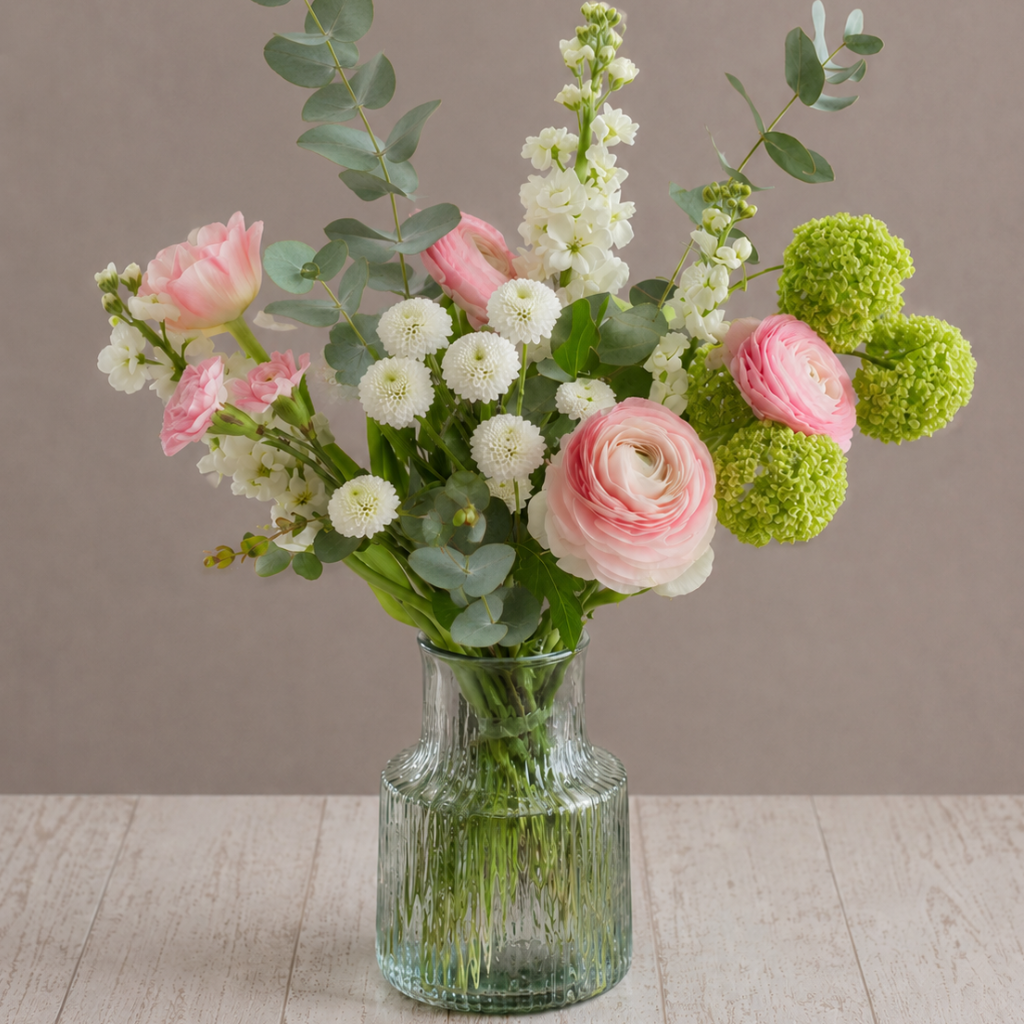 Luxury blush ranunculus, green viburnum, tulips, and seasonal flowers arranged in a textured glass vase by BLÜM Miami