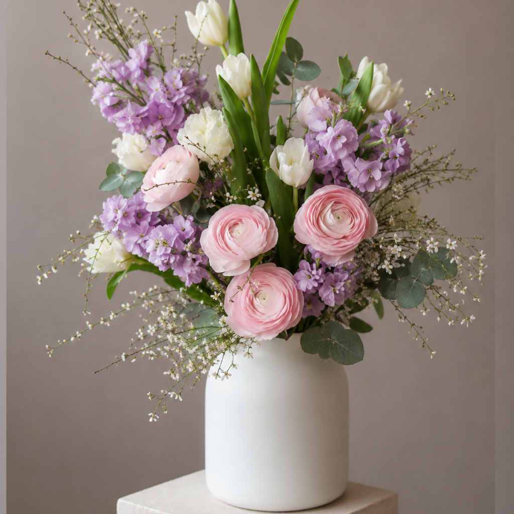 Luxury pastel flower arrangement with pink ranunculus, lavender flowers, white tulips, and eucalyptus in a ceramic vase by BLÜM Miami