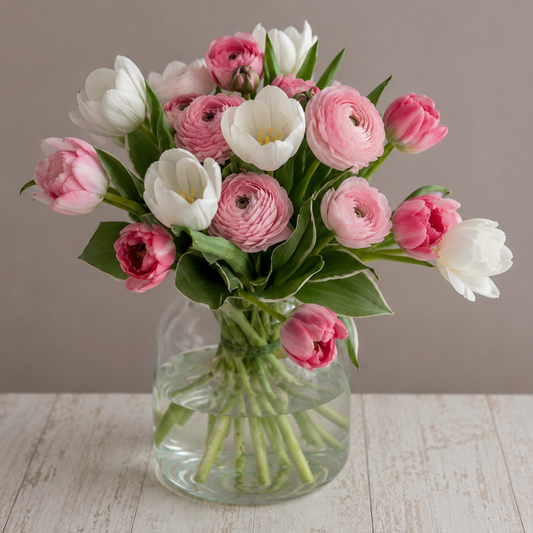 Luxury blush pink ranunculus and white tulips arranged in a modern glass vase by BLÜM Miami