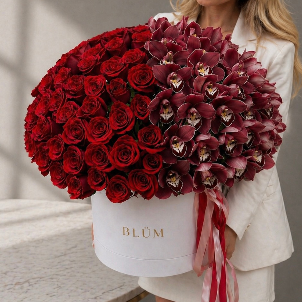 Red Roses & Orchid Luxe Box – Signature Arrangement Miami