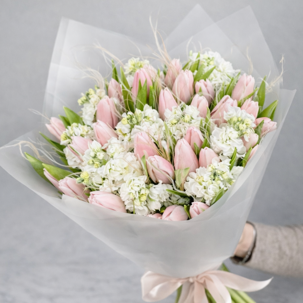 Soft pink tulip bouquet with white seasonal flowers wrapped in luxury paper – International Women’s Day flowers delivery in Miami and Sunny Isles by BLÜM Miami florist
