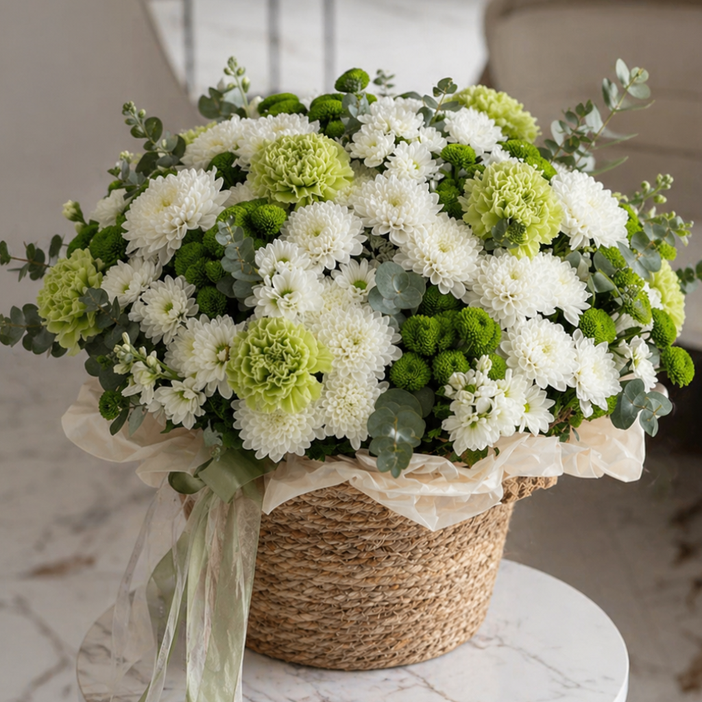 flower basket miami white green arrangement delivery blum