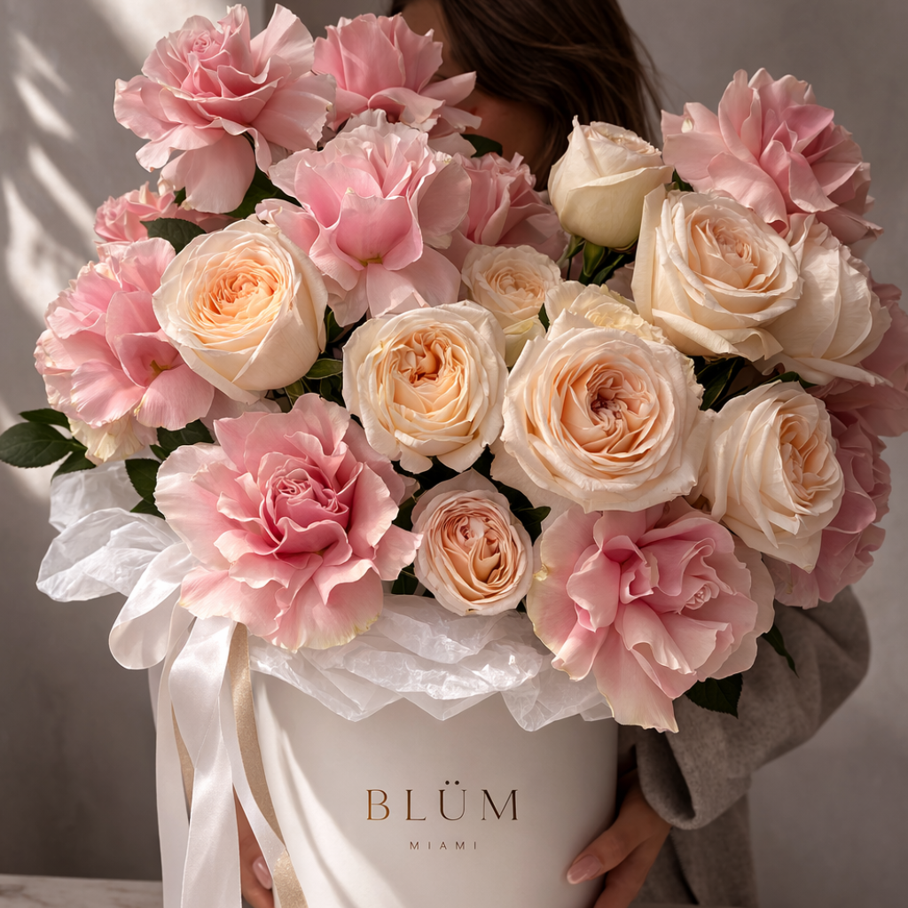 • luxury flower box Miami delivery
• garden roses hat box Sunny Isles
• International Women’s Day luxury flowers Miami
• BLÜМ Miami premium flower arrangement
