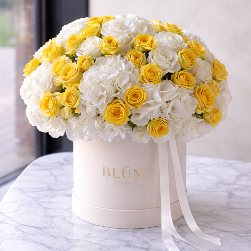 • Yellow and white luxury flower box Miami delivery
• Hydrangea roses arrangement Sunny Isles Beach
• Premium hat box flowers Aventura Miami
• Grand floral box BLÜM Miami
