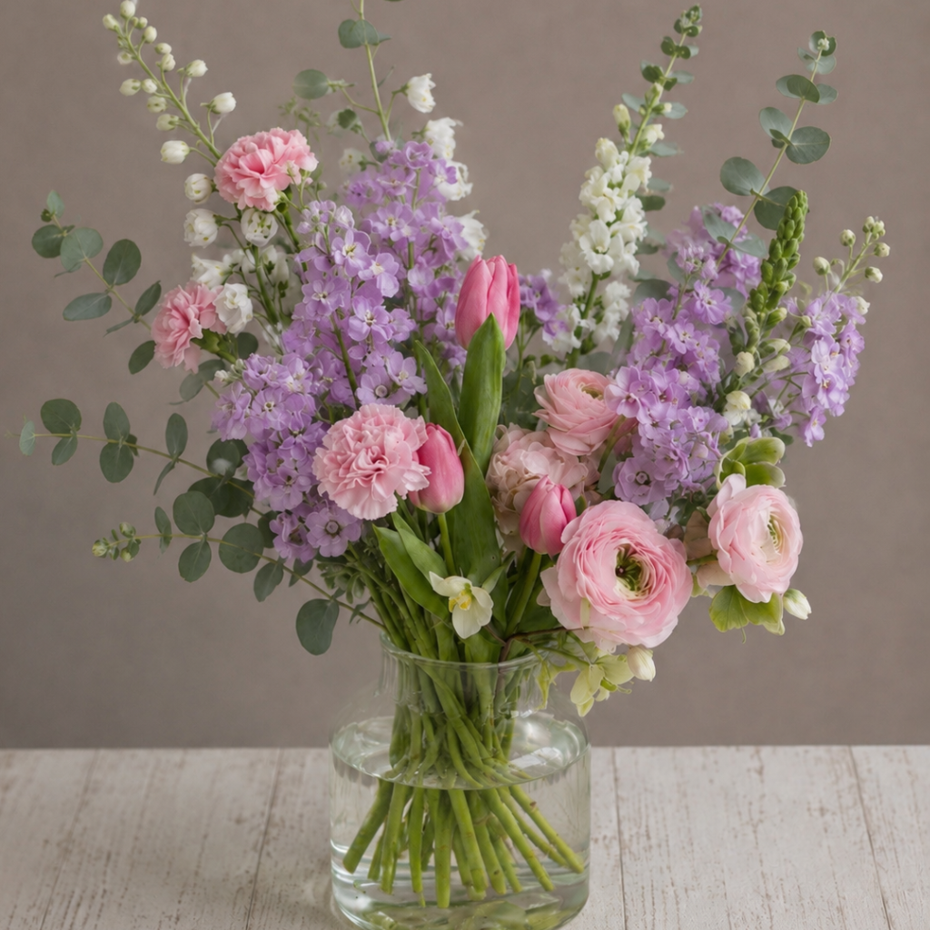 Luxury lavender flowers, blush ranunculus, pink tulips, and eucalyptus arranged in a modern glass vase by BLÜM Miami