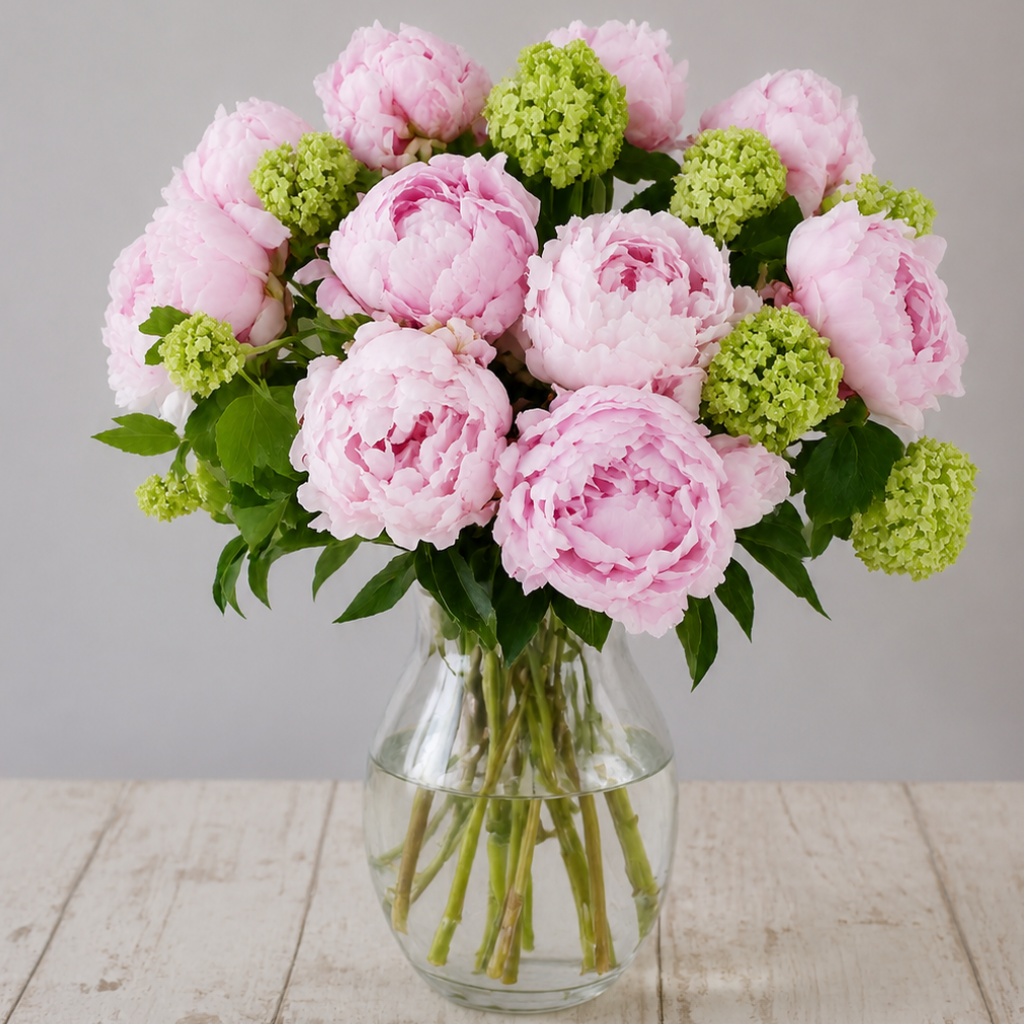 Luxury pink peony and green viburnum flower arrangement in a modern glass vase by BLÜM Miami