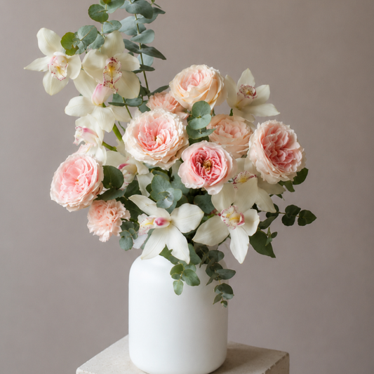Luxury blush garden roses and white orchids arranged in a modern white vase with eucalyptus by BLÜM Miami