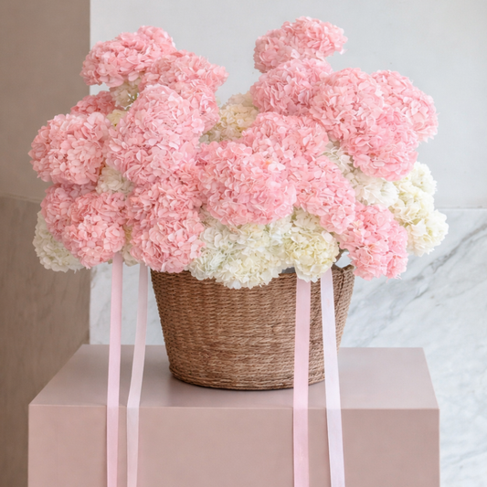 Luxury Blush & Ivory Hydrangea Basket – Premium Flower Delivery Miami | BLÜM