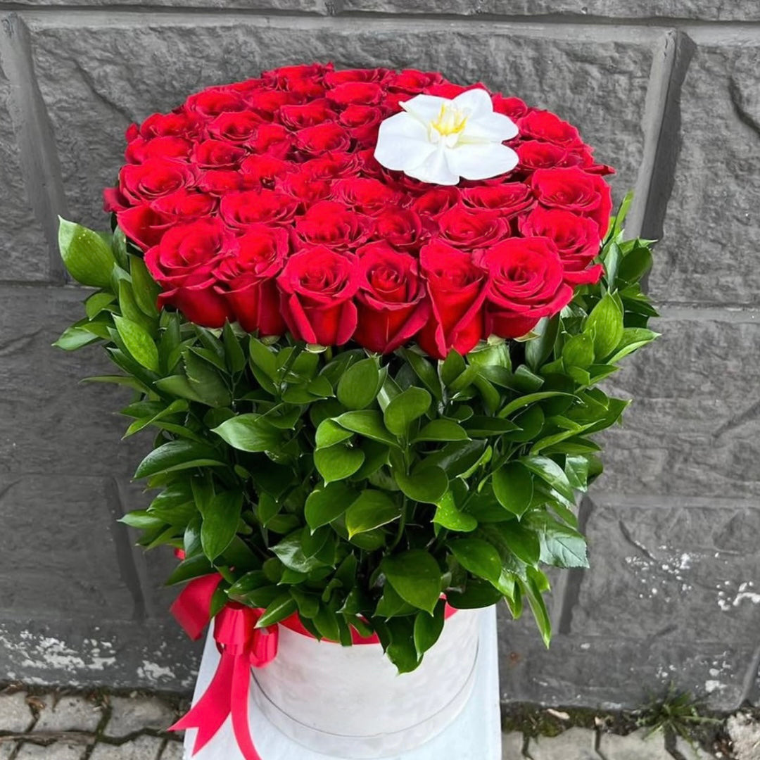 Red Roses & Orchid in White Velvet Box