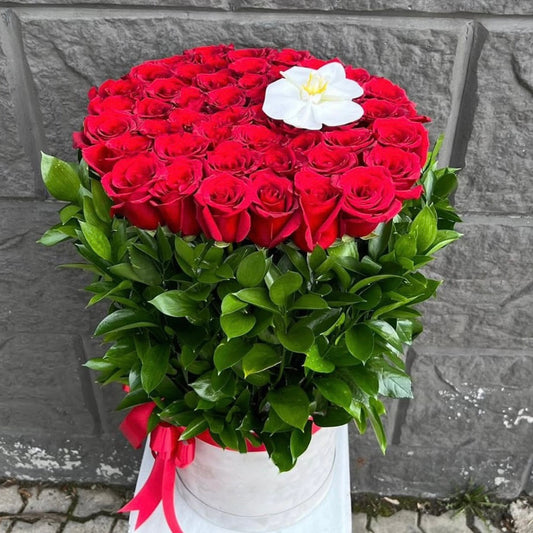 Red Roses & Orchid in White Velvet Box